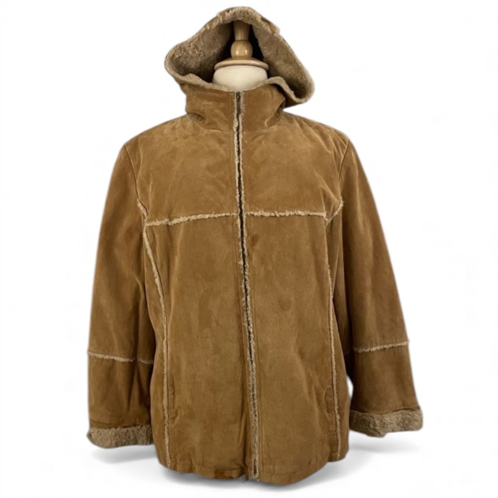Vintage 90 Giacca Suede Jacket‎ Women’s 2X Leather Hooded Front Zip Shearling